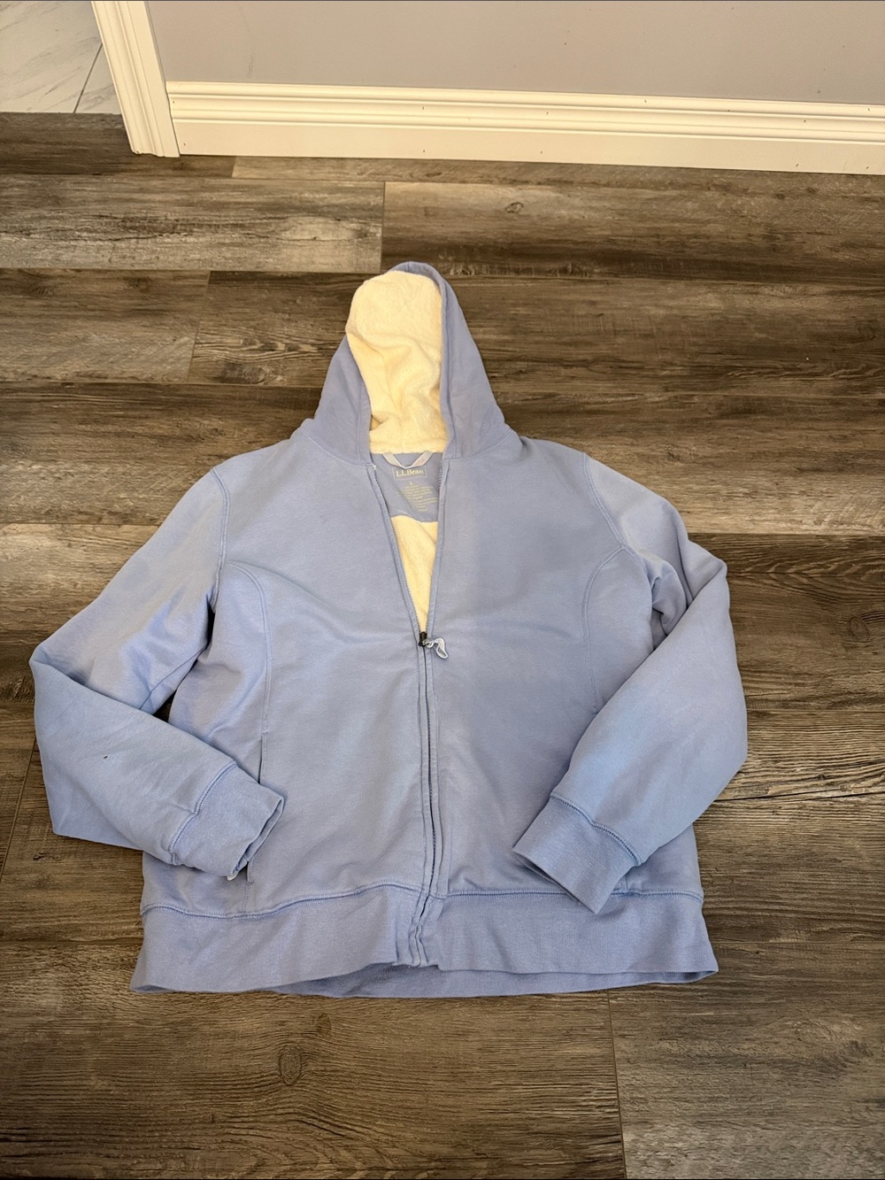 L.L. Bean Light Blue Hooded Zip Up Sweater with Cream Fleece Lining